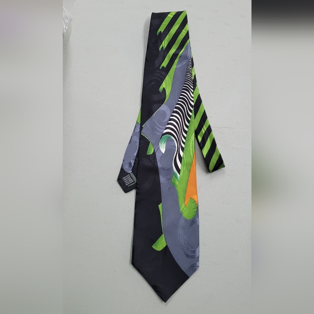 Silk Abstract Pattern Necktie in Lime Green, Black & Gray